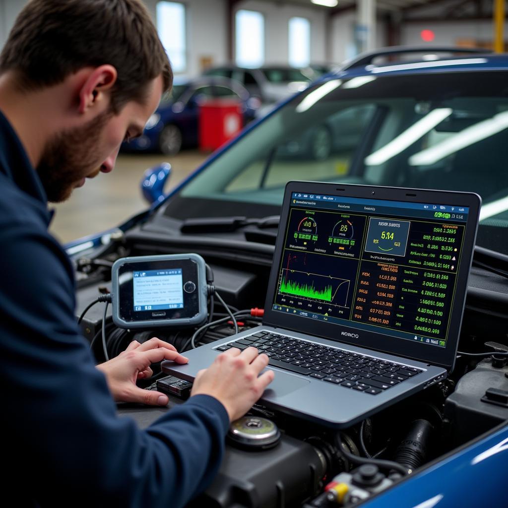 Mechanic using advanced diagnostic tools in a Shrewsbury car service center.