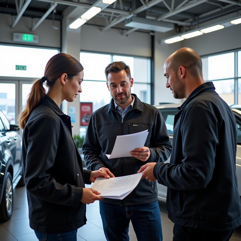 Modern Car Service Center Calgary NE - Customer discussing car repair options with a service advisor.