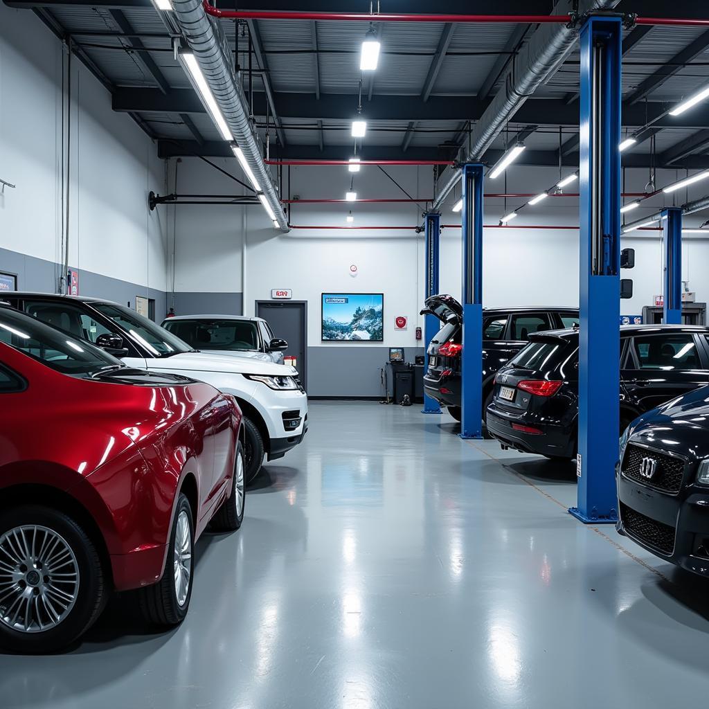 A modern car service garage equipped with advanced diagnostic equipment and tools.