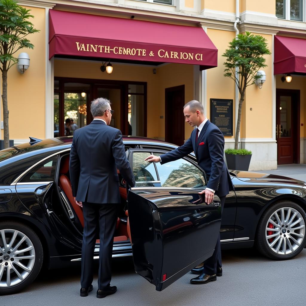 Luxury Car Service in Monaco: A chauffeur opens the door for a client in front of the Monte-Carlo Casino.