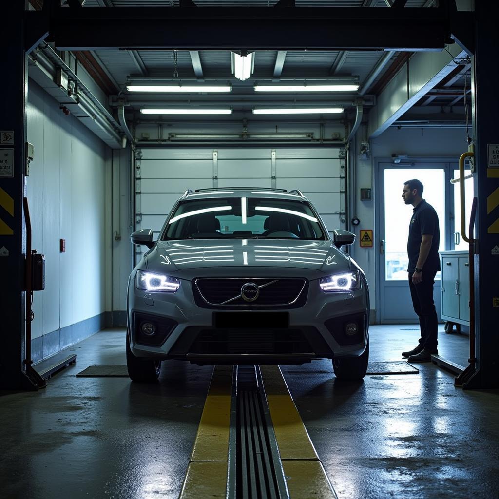 Vehicle undergoing an MOT inspection at a Warmley Business Park testing centre