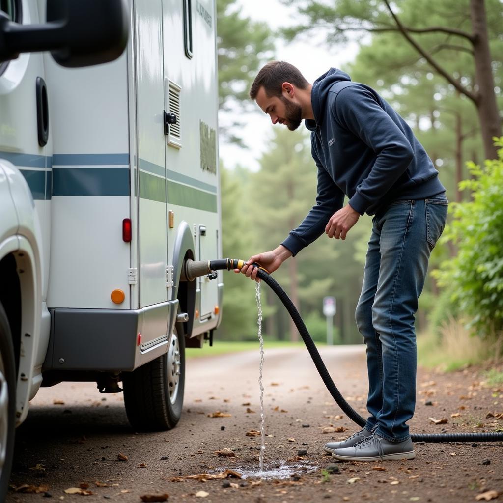 Motorhome getting a water refill at a service point