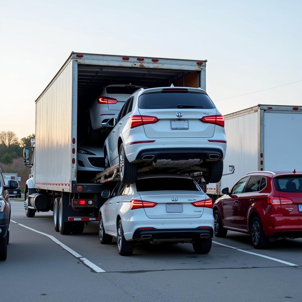 Multiple cars being loaded onto a car transport truck for relocation