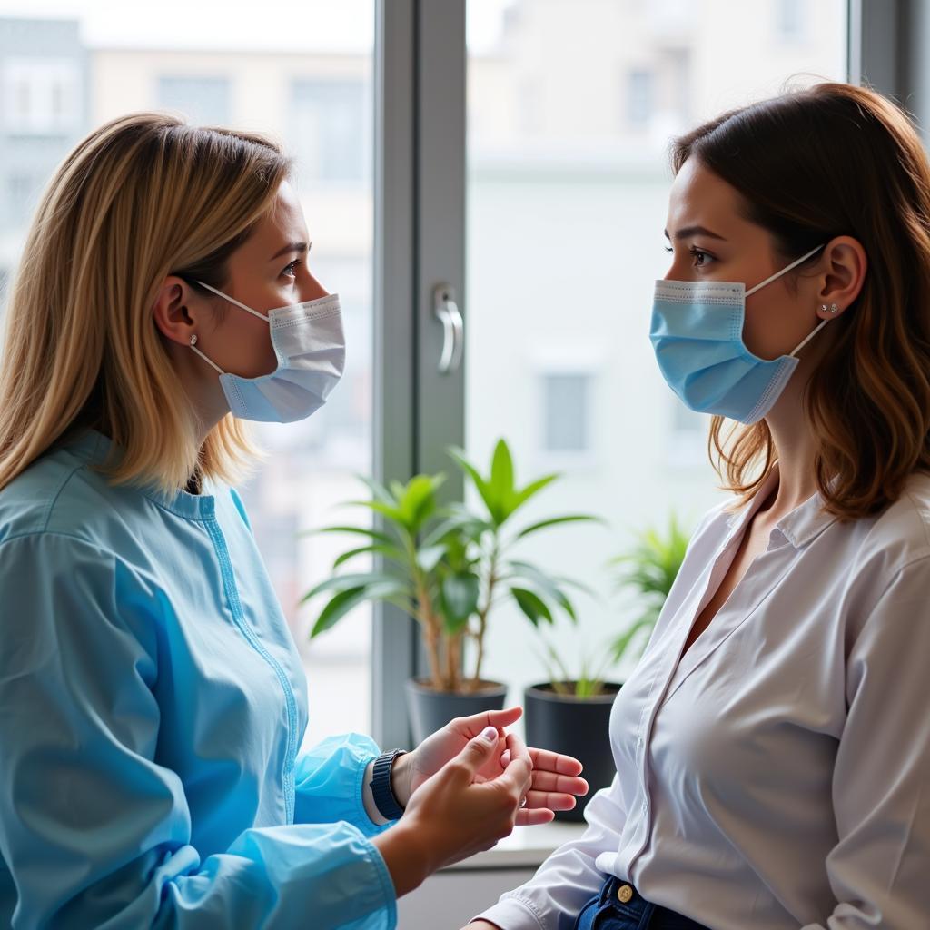 Nail technician explaining the importance of PPE to a client.