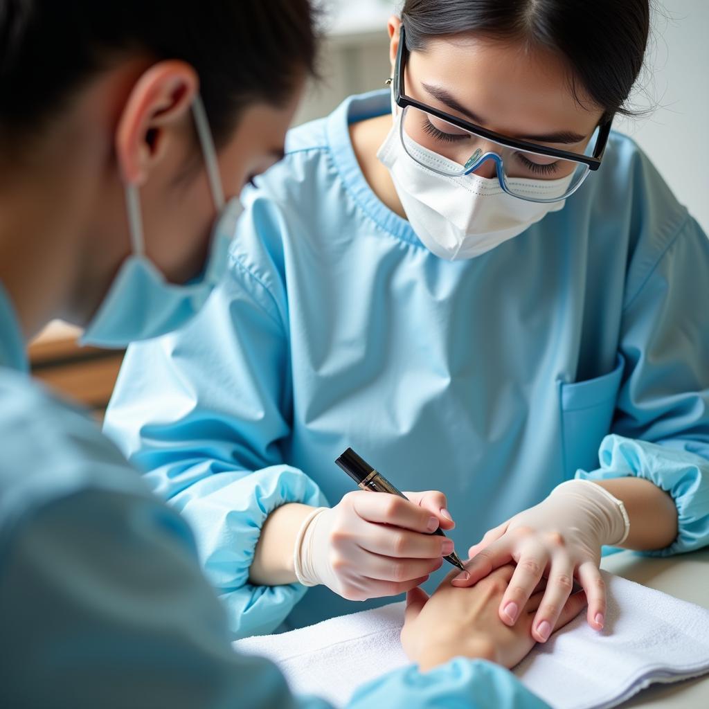 Nail technician demonstrating the correct use of PPE during a manicure service.