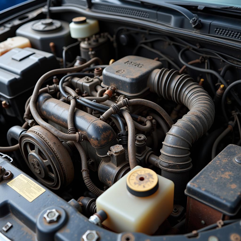 Neglected car engine bay showing signs of wear and tear and lack of maintenance