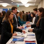 Networking at Career Fair: Students engaging with recruiters at a career fair, exchanging resumes and discussing job opportunities.