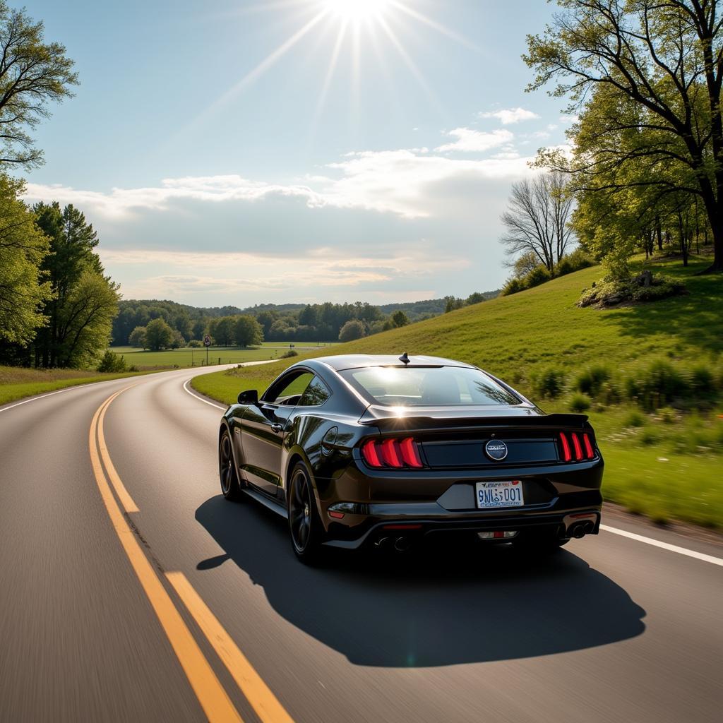 A pristine car driving on a scenic road in New Richmond WI