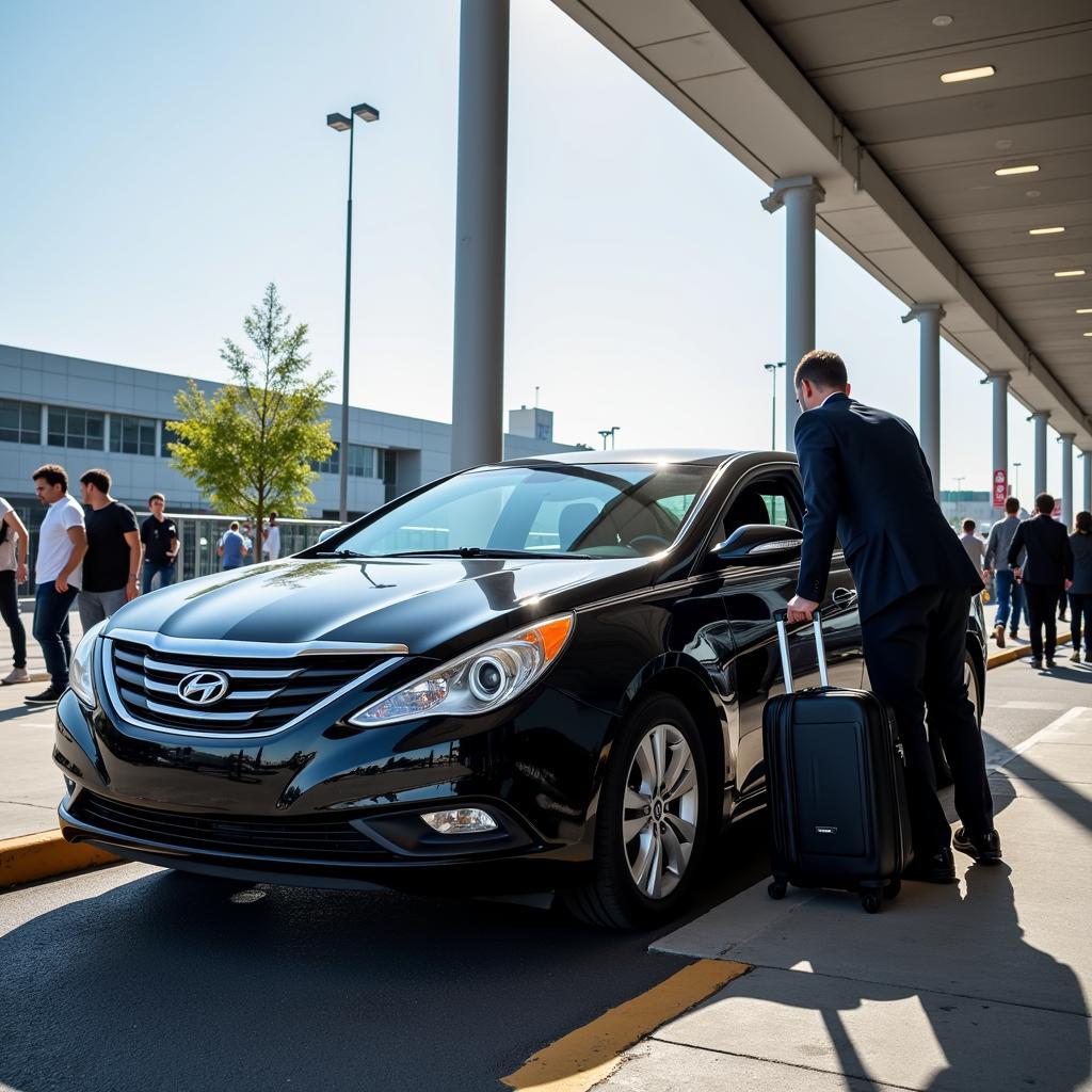 Black car service picking up passengers at Newark Airport for transport to Rye NY