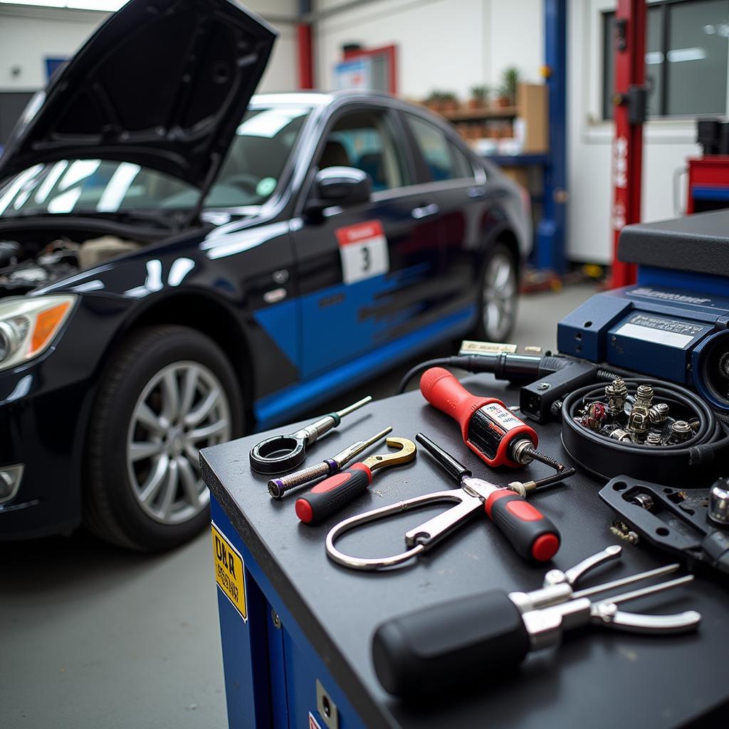 Specialized equipment for car aircon service in a Northampton garage