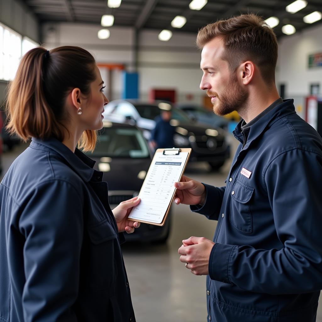 Nottingham Mechanic Discussing Car Service Cost with Customer