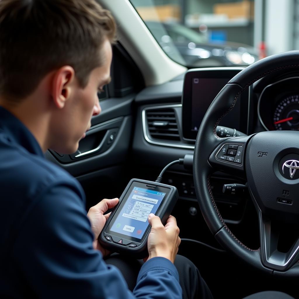 Mechanic Using OBD Scanner to Diagnose Airbag Problem