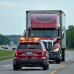 Pilot car escorting an oversized load on an Ohio highway