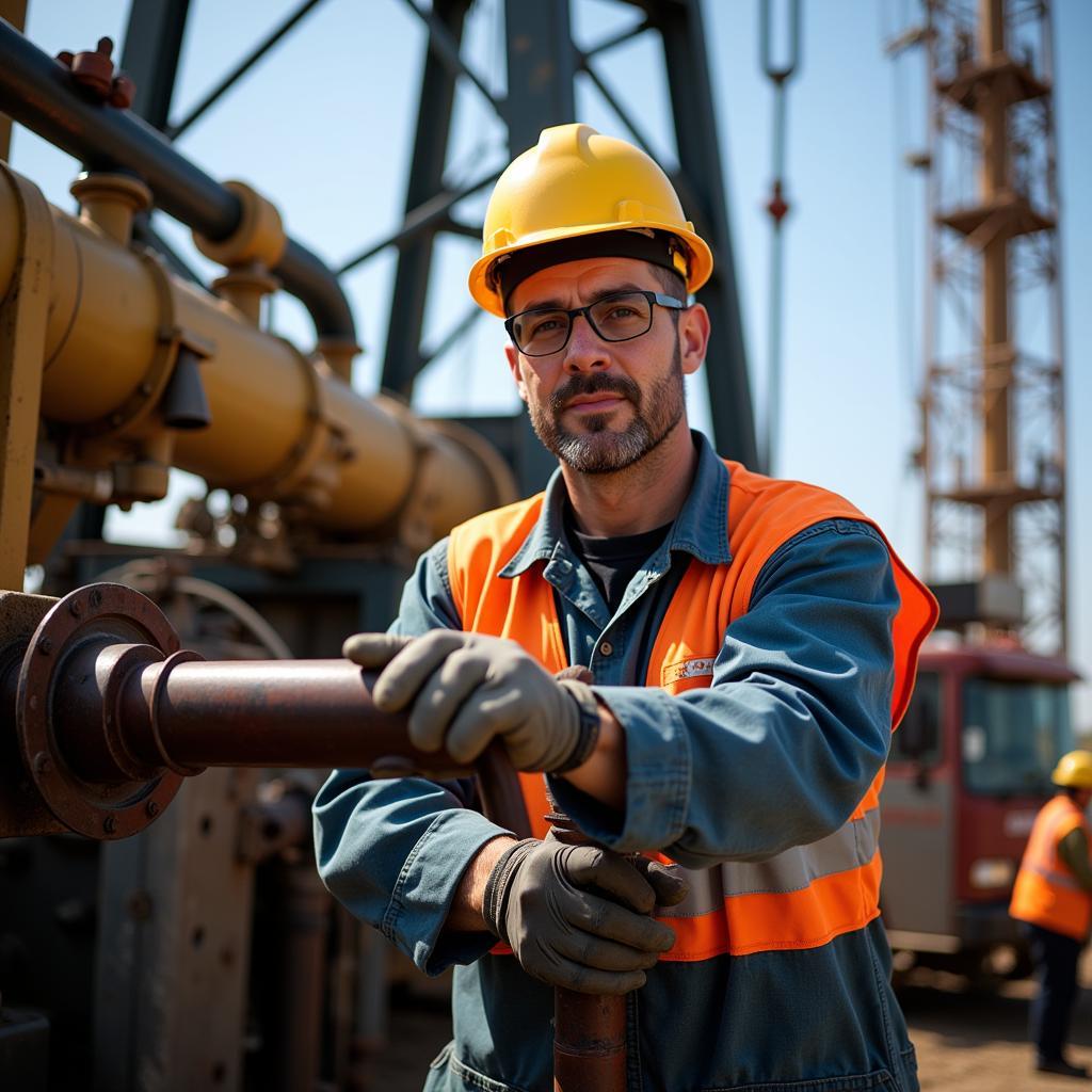 Oilfield worker operating machinery on a rig