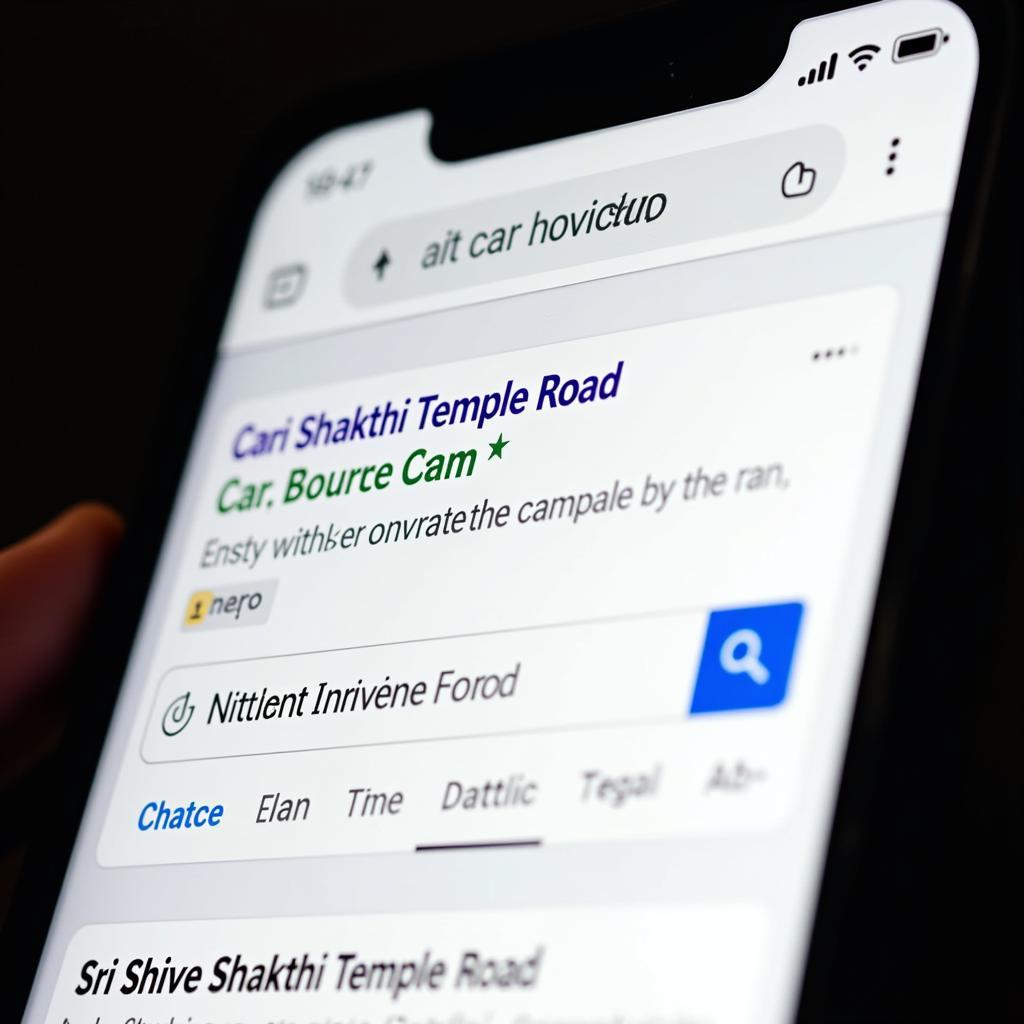 A person searching for car service reviews on their phone, focusing on the Sri Shiva Shakthi Temple Road area in Bangalore