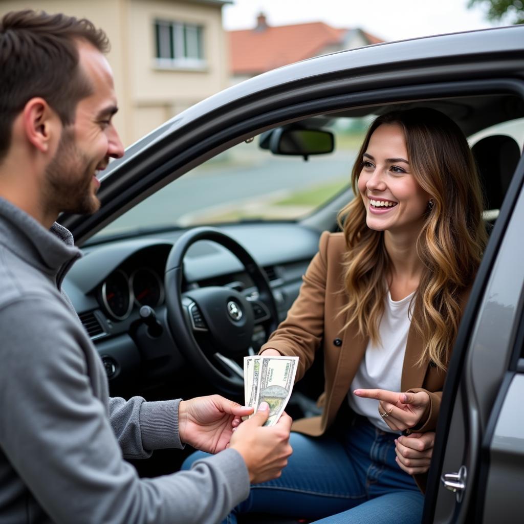 Passenger Thanking Car Service Driver and Offering Cash Tip