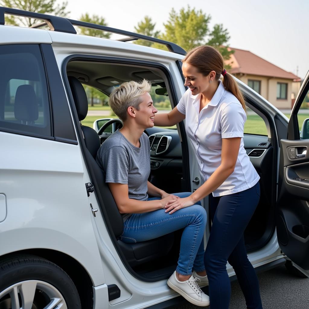 Patient Being Assisted into Car by Physical Therapist