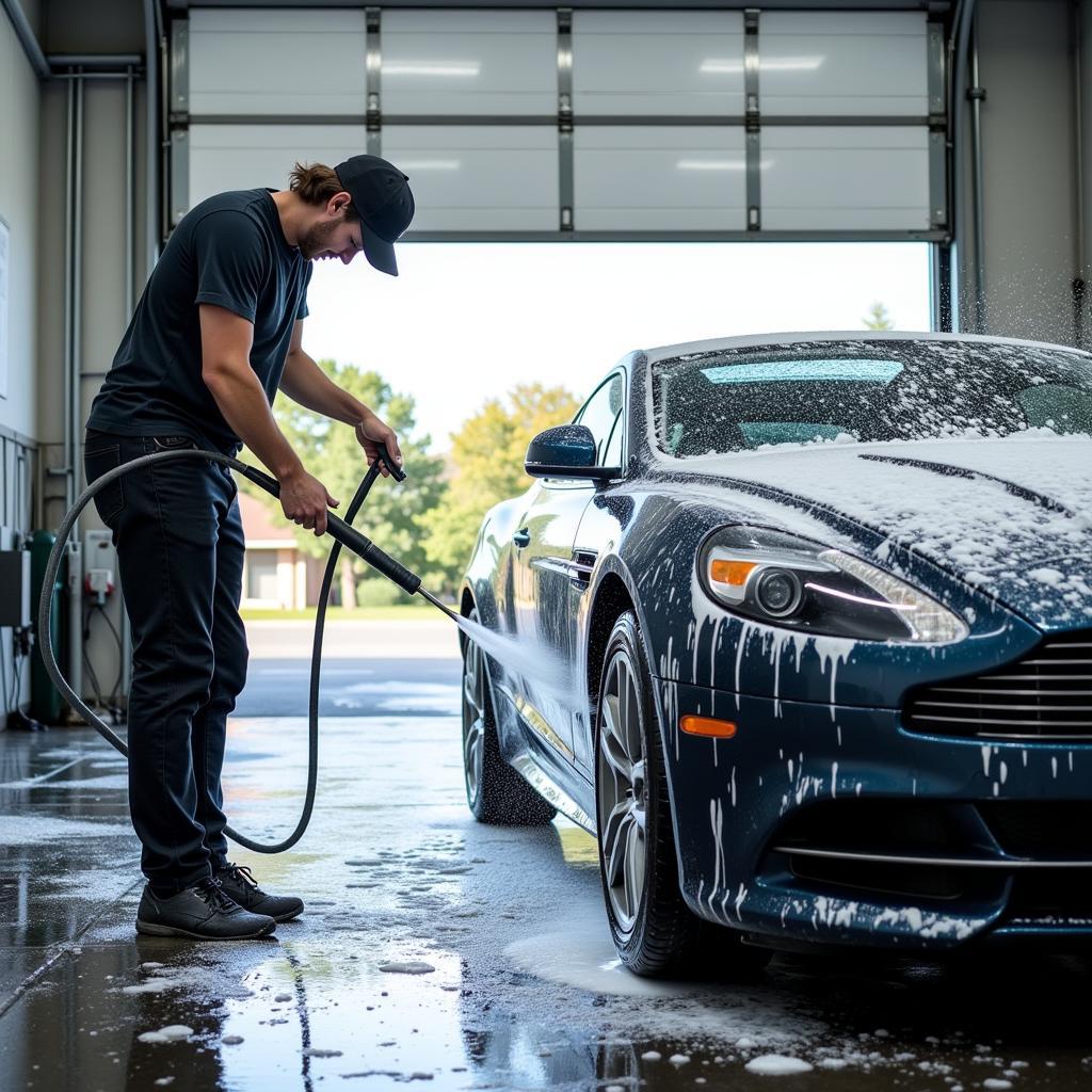 Washing a car at a self-service car wash using a high-pressure hose.