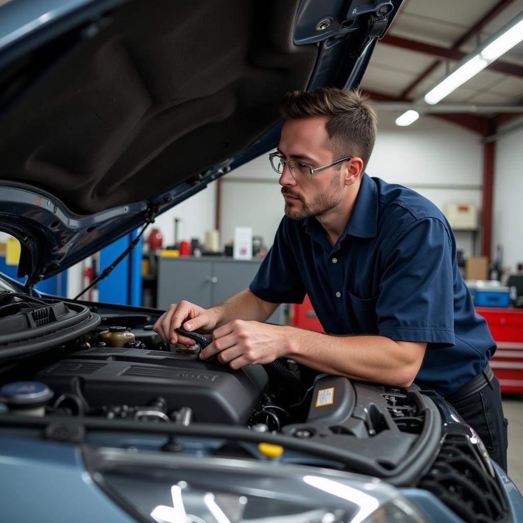 Plymouth car service mechanic working on a vehicle