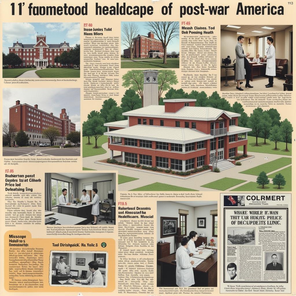 Post-War American Healthcare Landscape: Depicting a mix of private hospitals, doctor's offices, and limited public health initiatives, highlighting the fragmented nature of the system.