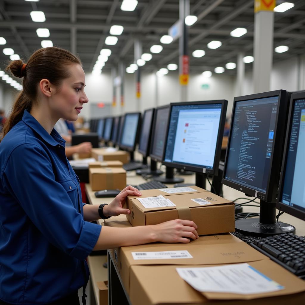 Postal Worker Sorting Packages in a Modern Distribution Center