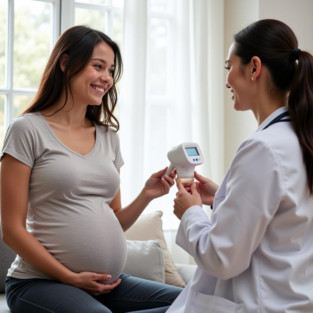 Pregnant woman discussing breast pump options with her doctor.