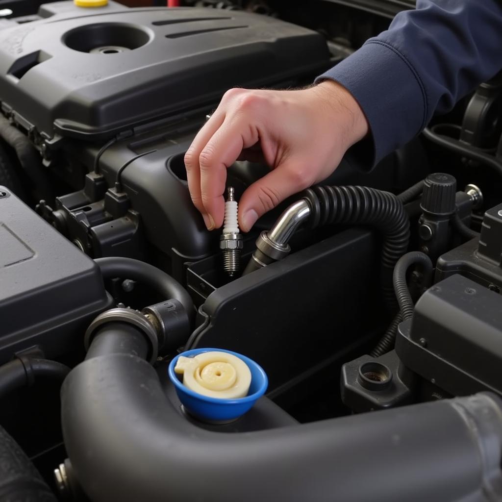 Preventative Maintenance Buick 2010 - A close-up of a mechanic's hand changing a spark plug in a 2010 Buick engine.