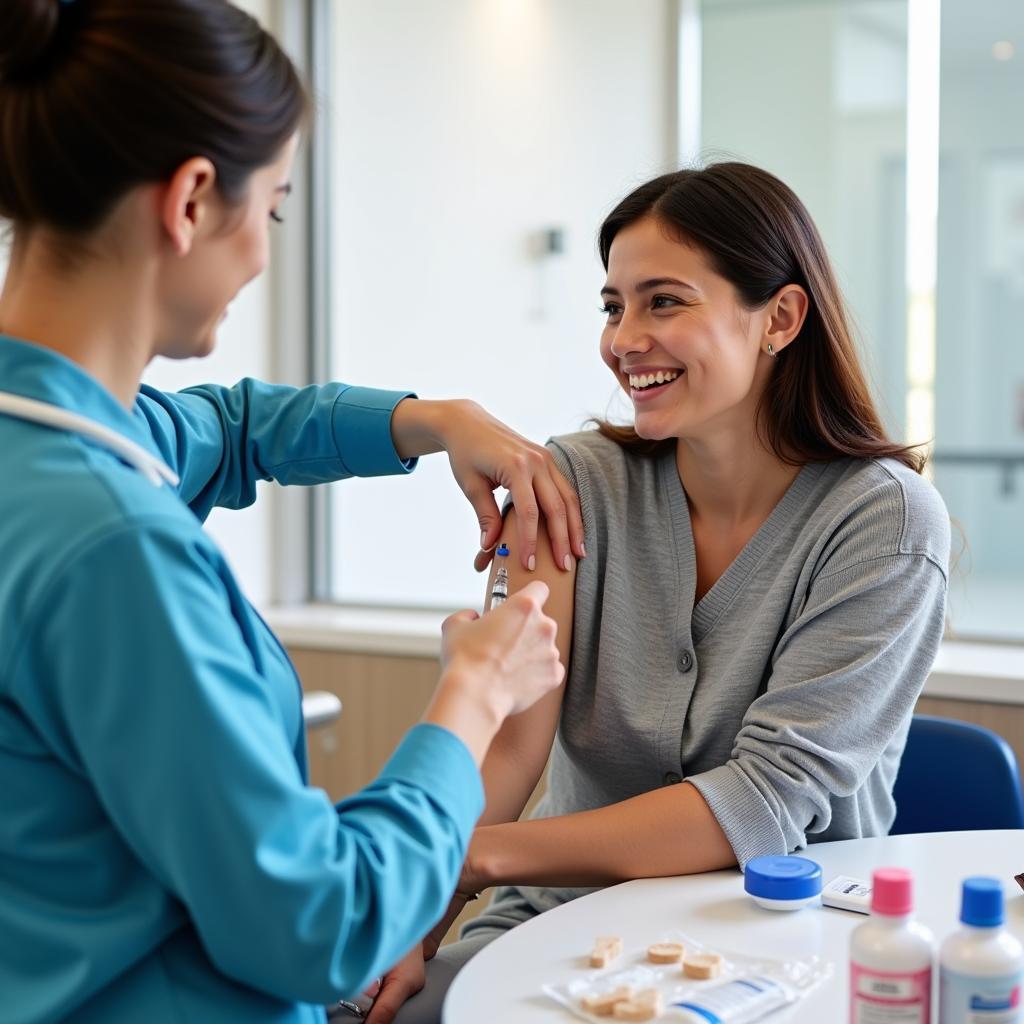 Woman receiving a vaccine as part of preventive care