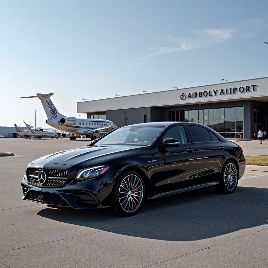 Luxury vehicle waiting outside airport terminal for passenger.