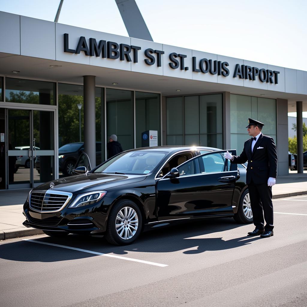 Black luxury sedan parked outside Lambert St. Louis Airport, offering private car service.