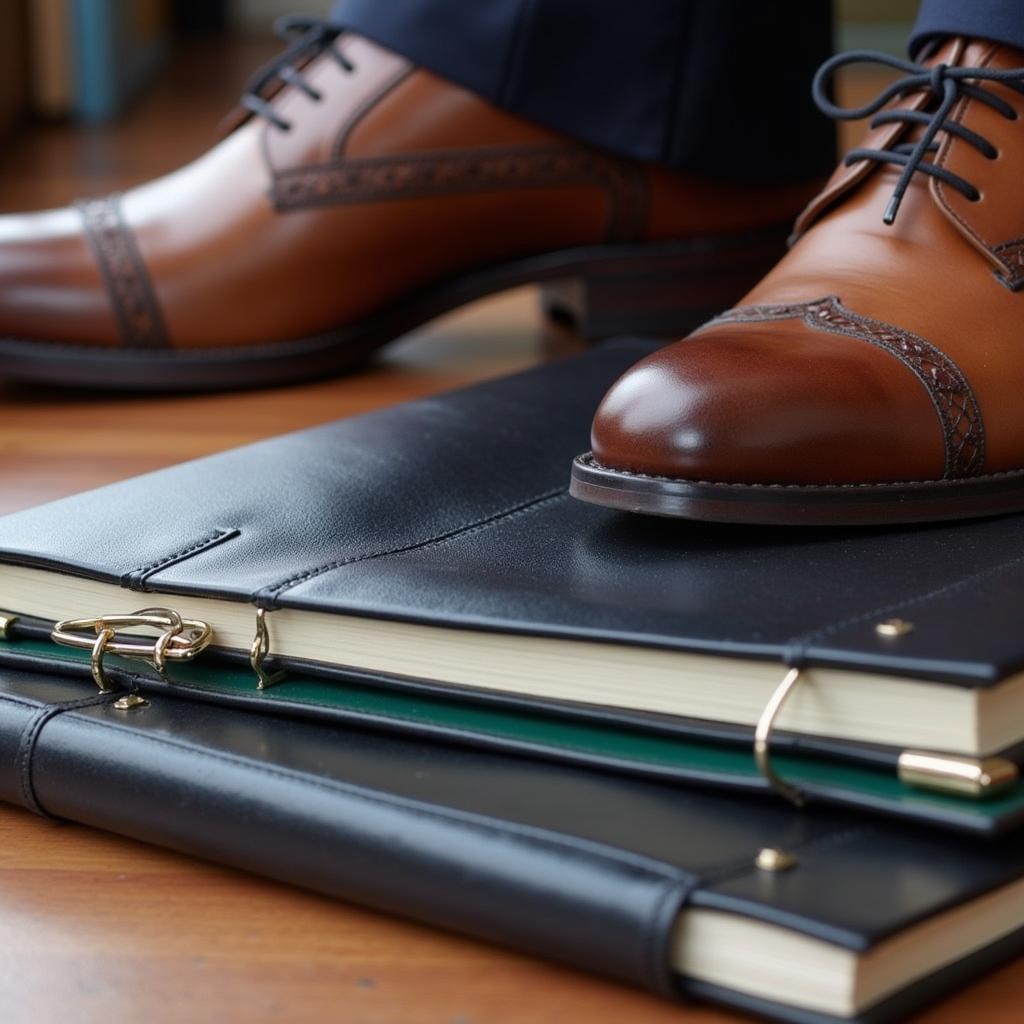 Close-up of polished shoes and a neatly organized portfolio.