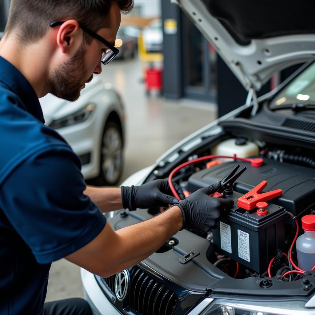 Professional Car Jump Service Technician Assisting a Stranded Driver