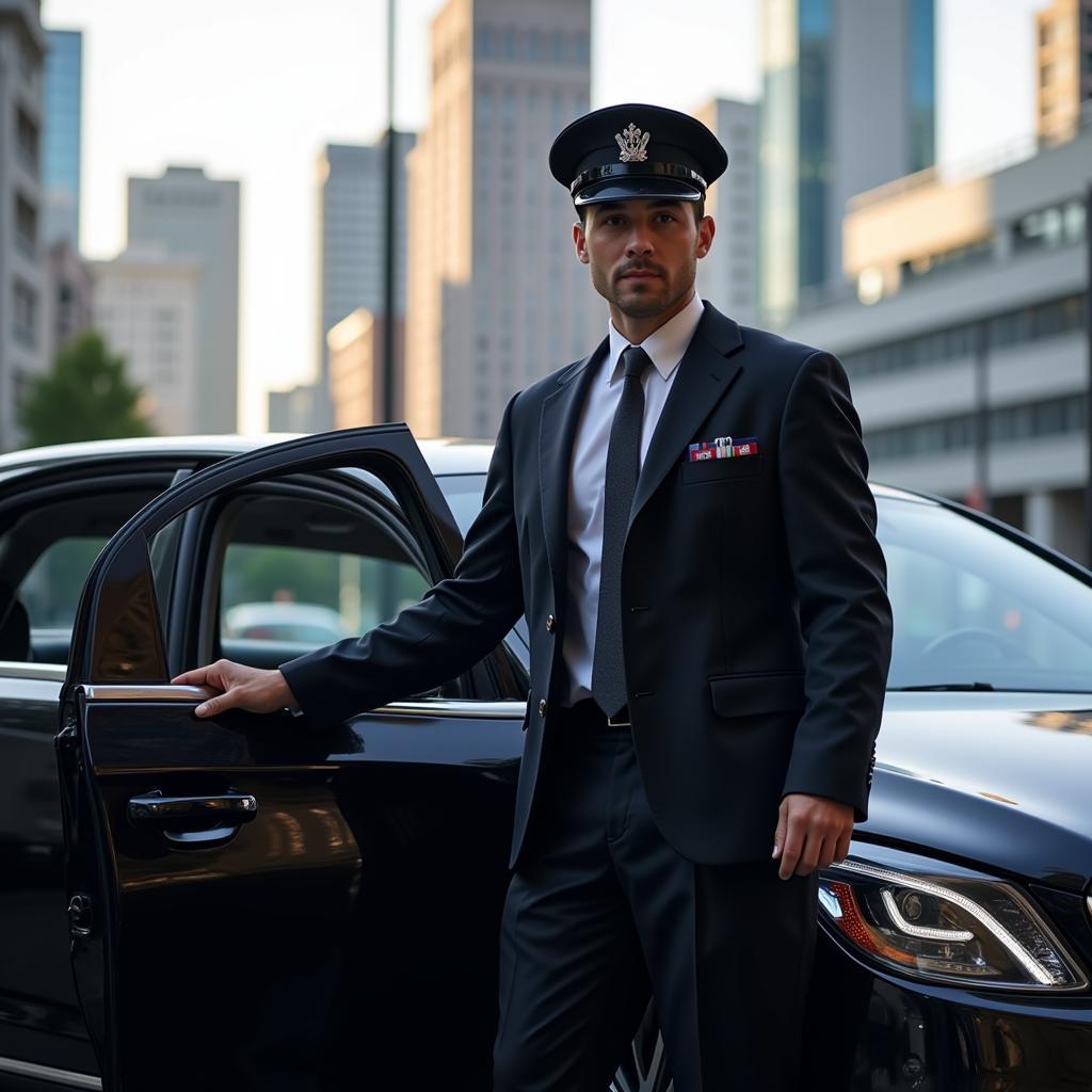 Professional chauffeur waiting for client outside a luxury car during a Dubai to Abu Dhabi transfer