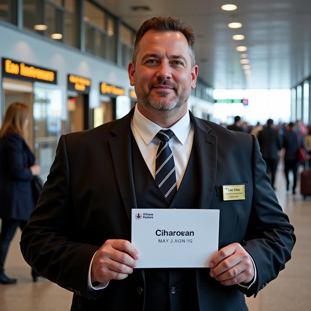 Professional chauffeur greeting client at O'Hare arrival