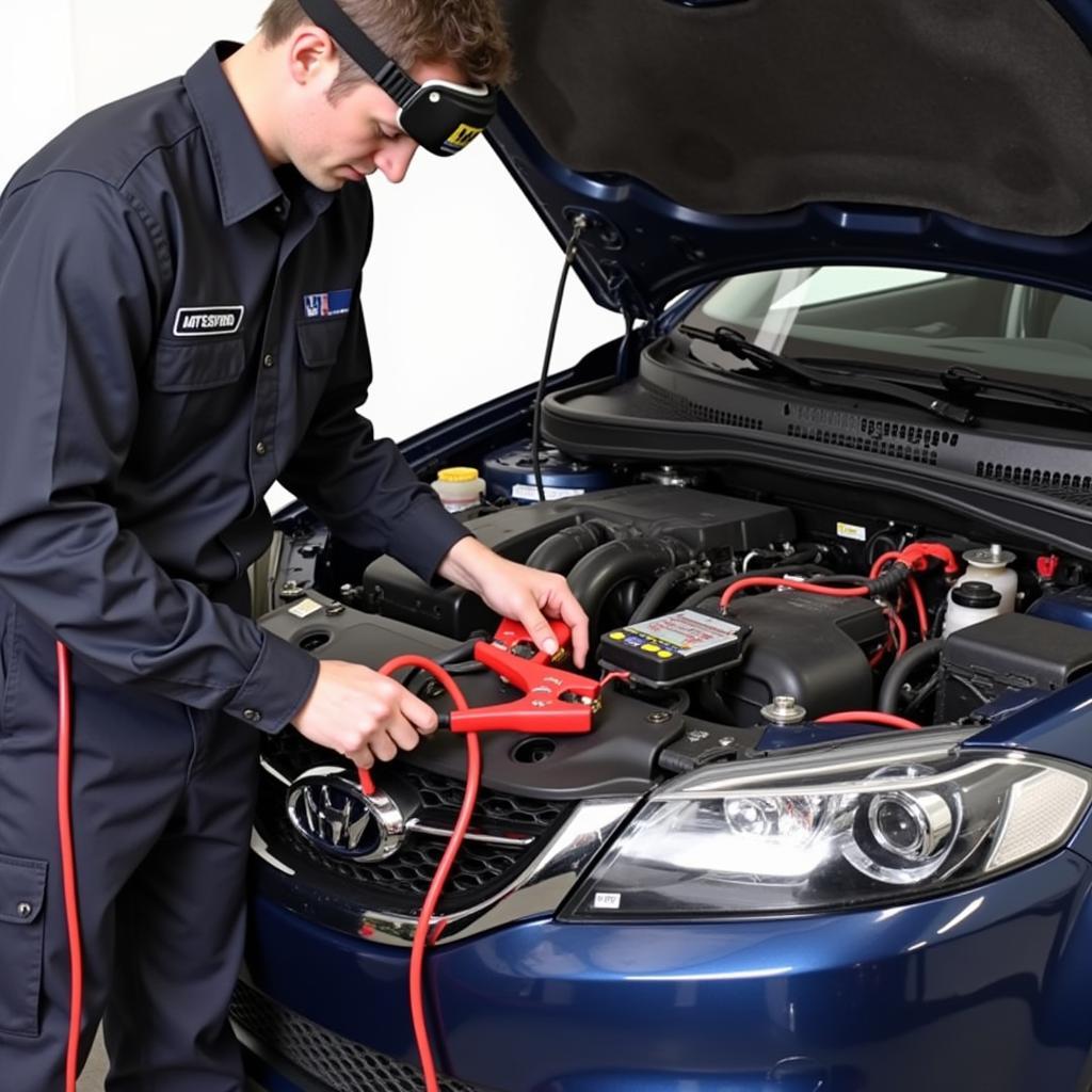 Professional Jump Starting a Car Battery