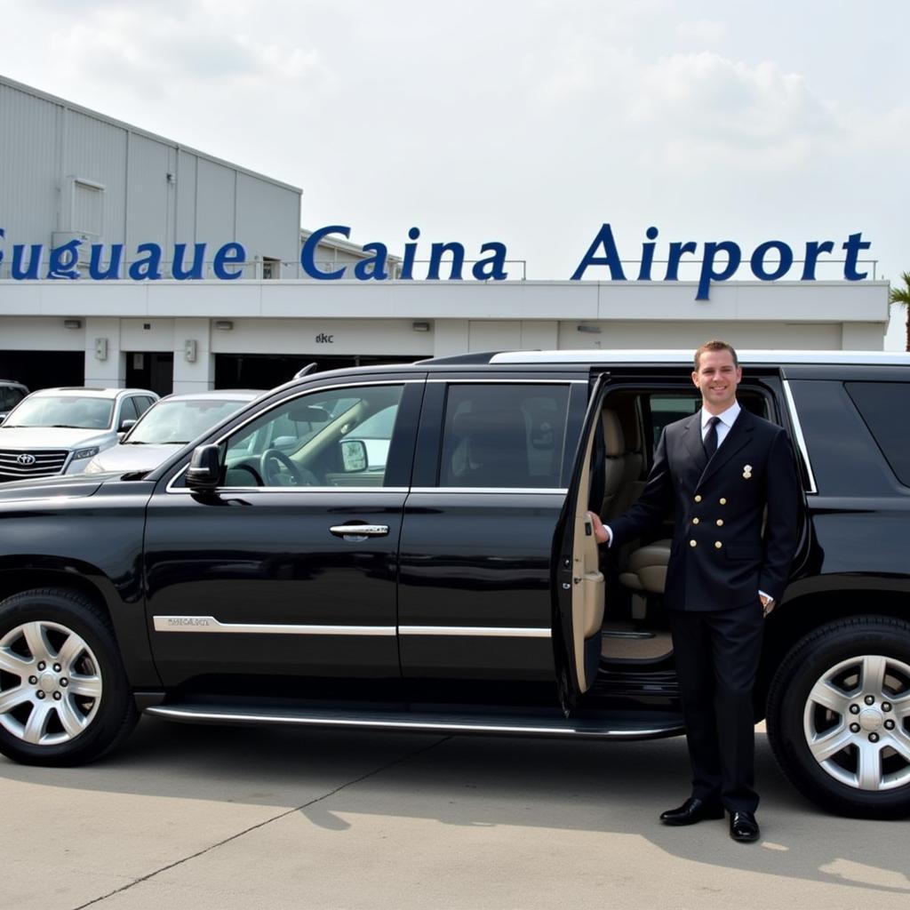 Black luxury SUV waiting outside Punta Cana Airport for a VIP client.