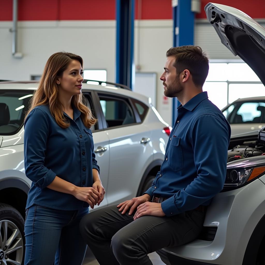 Customer discussing car service with a mechanic in Radcliffe