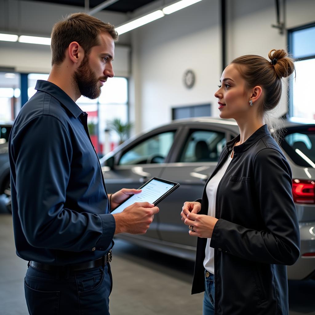 Customer Discussing Car Repair with Service Advisor in Raleigh