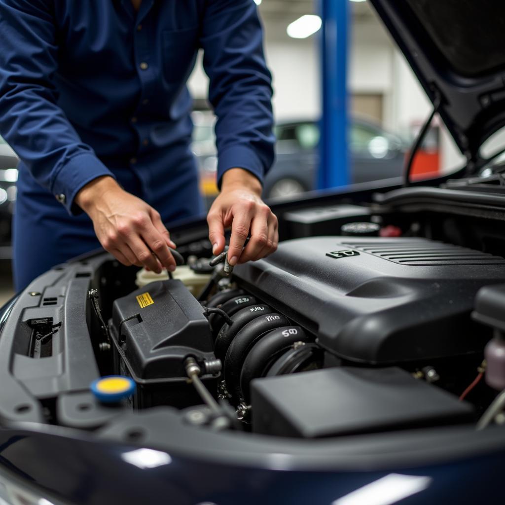 Close-up of a mechanic checking car fluids during a service at Warmley Business Park