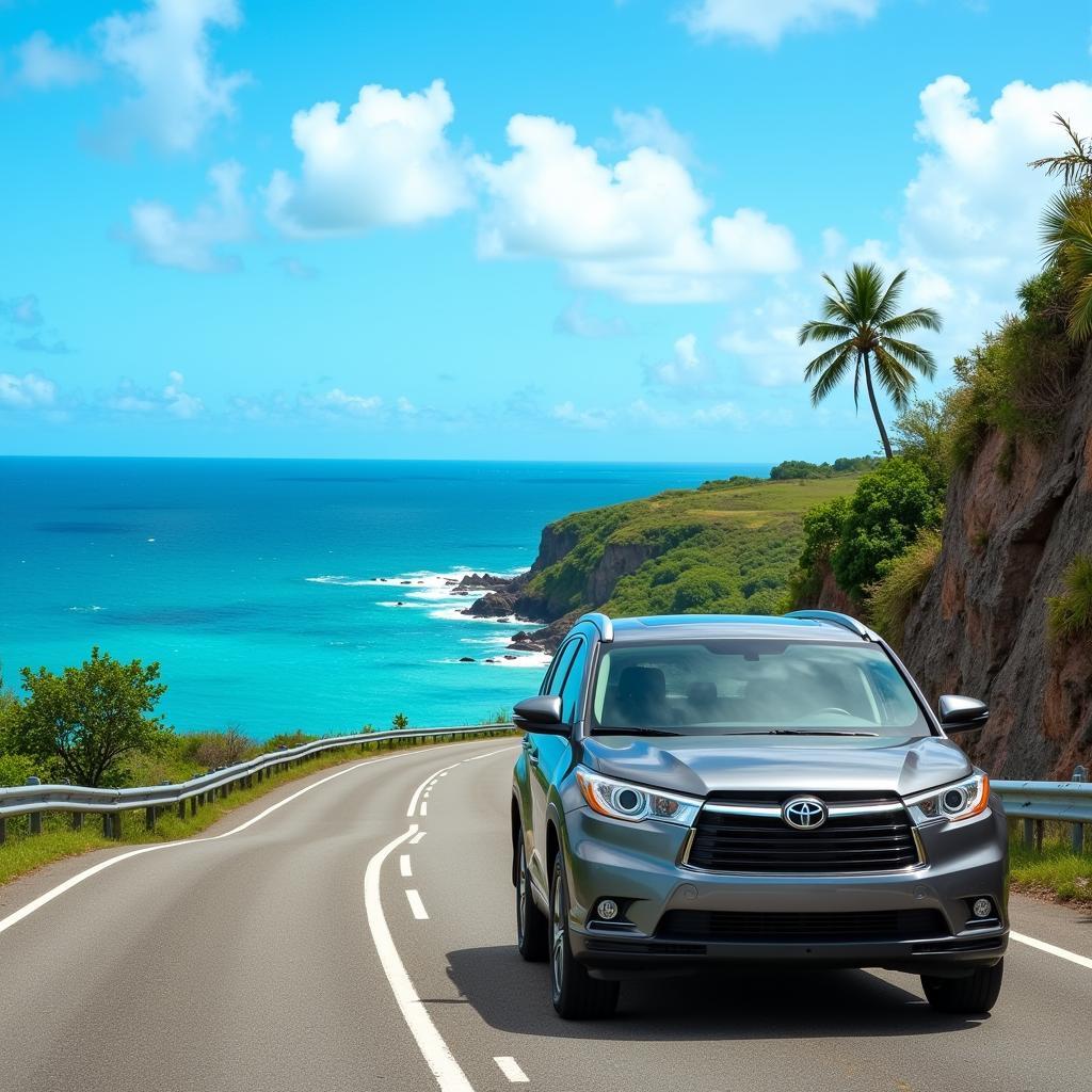 Rental car driving along the Dominican Republic's scenic coastal highway.