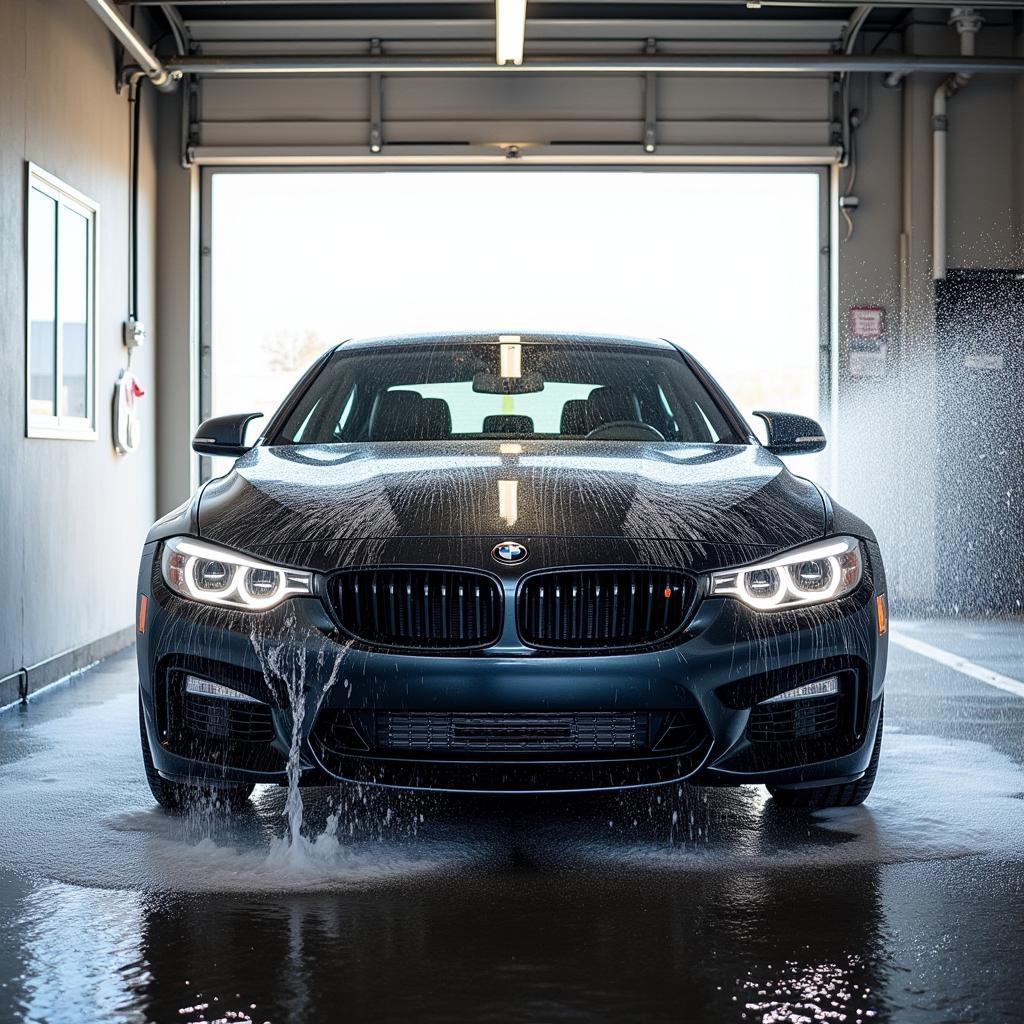 Rinsing soap off a car at a self-service car wash