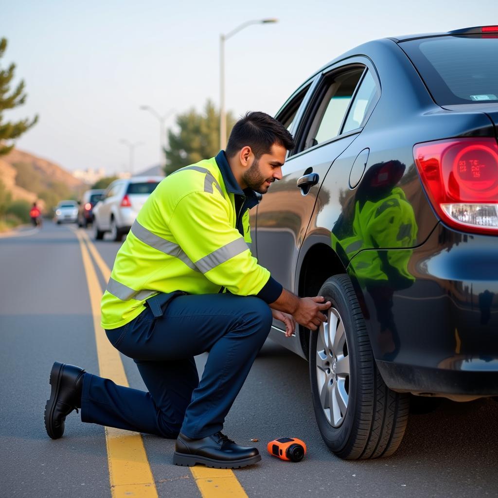 Roadside Assistance Changing Flat Tire in Ajman