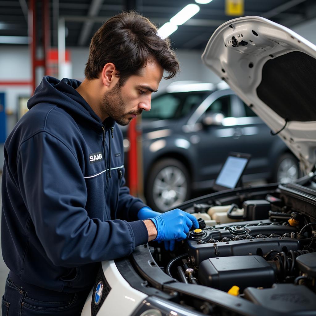 Saab Mechanic Working on Engine