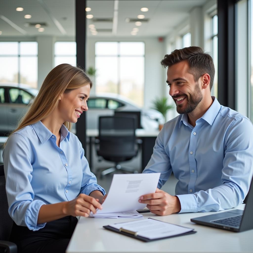 Sales Manager Finalizing Paperwork with Customer