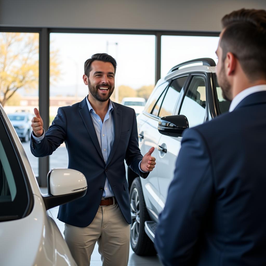 Salesperson Presenting Car Features to Customer