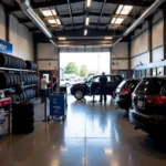 Sam's Club Tire Center - Image showing the tire center at Sam's Club with tires displayed and mechanics working.