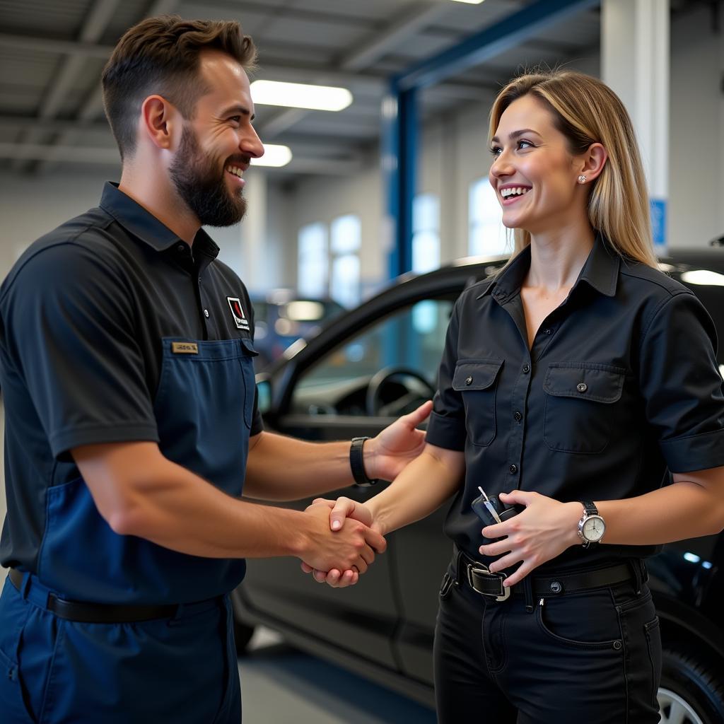 Satisfied Customer Receiving Car Keys from Mechanic