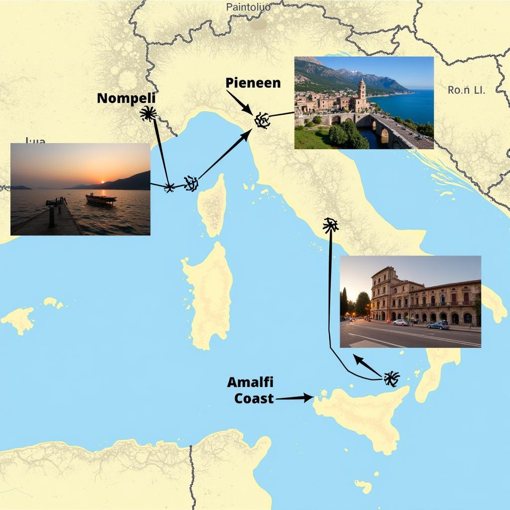 Scenic route from Naples to Rome with stops at Pompeii and the Amalfi Coast.