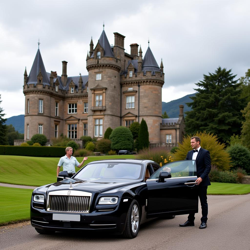 Arrival at a Scottish castle with chauffeur service