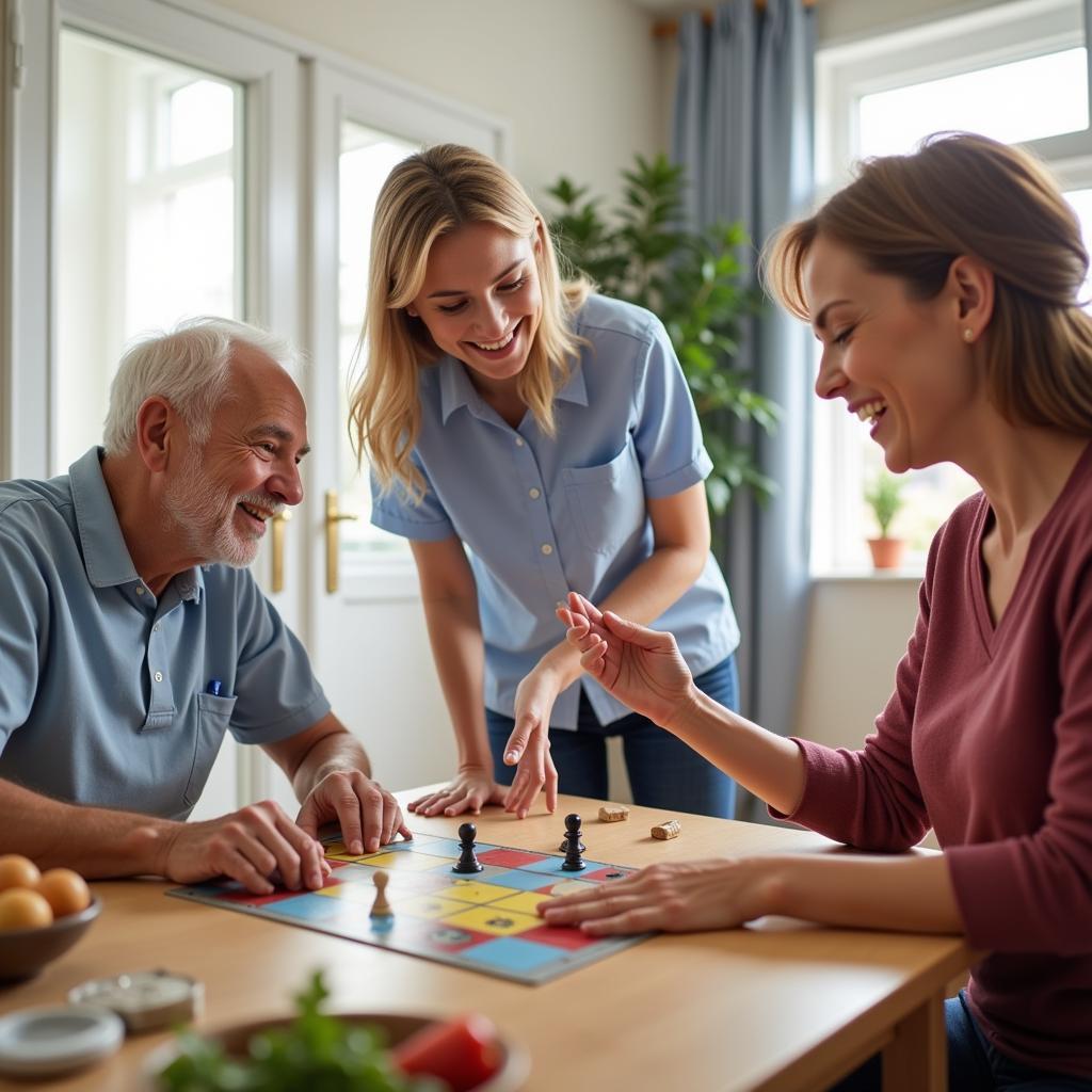 A senior couple enjoying activities with their home care aide.